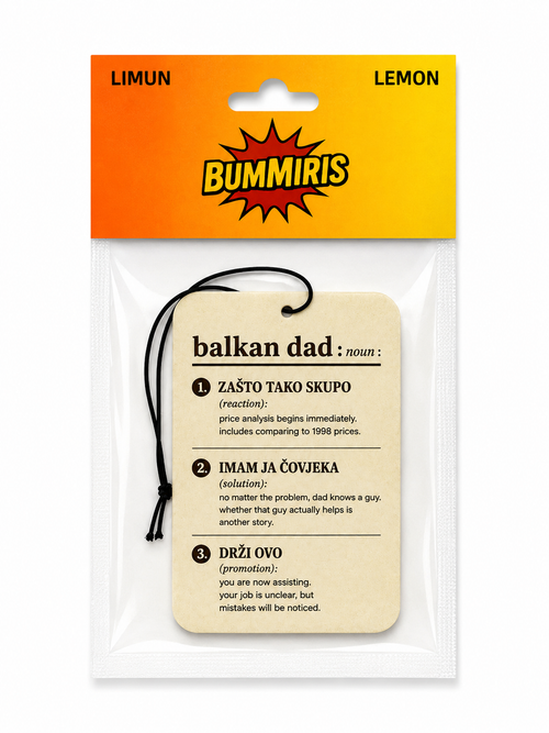A packaged novelty car tag or ornament from Bummiris, featuring a beige rectangular tag with black text and a black hanging cord, sealed in a clear plastic bag with a bright orange-to-yellow header card labeled LIMUN and Bummiris.