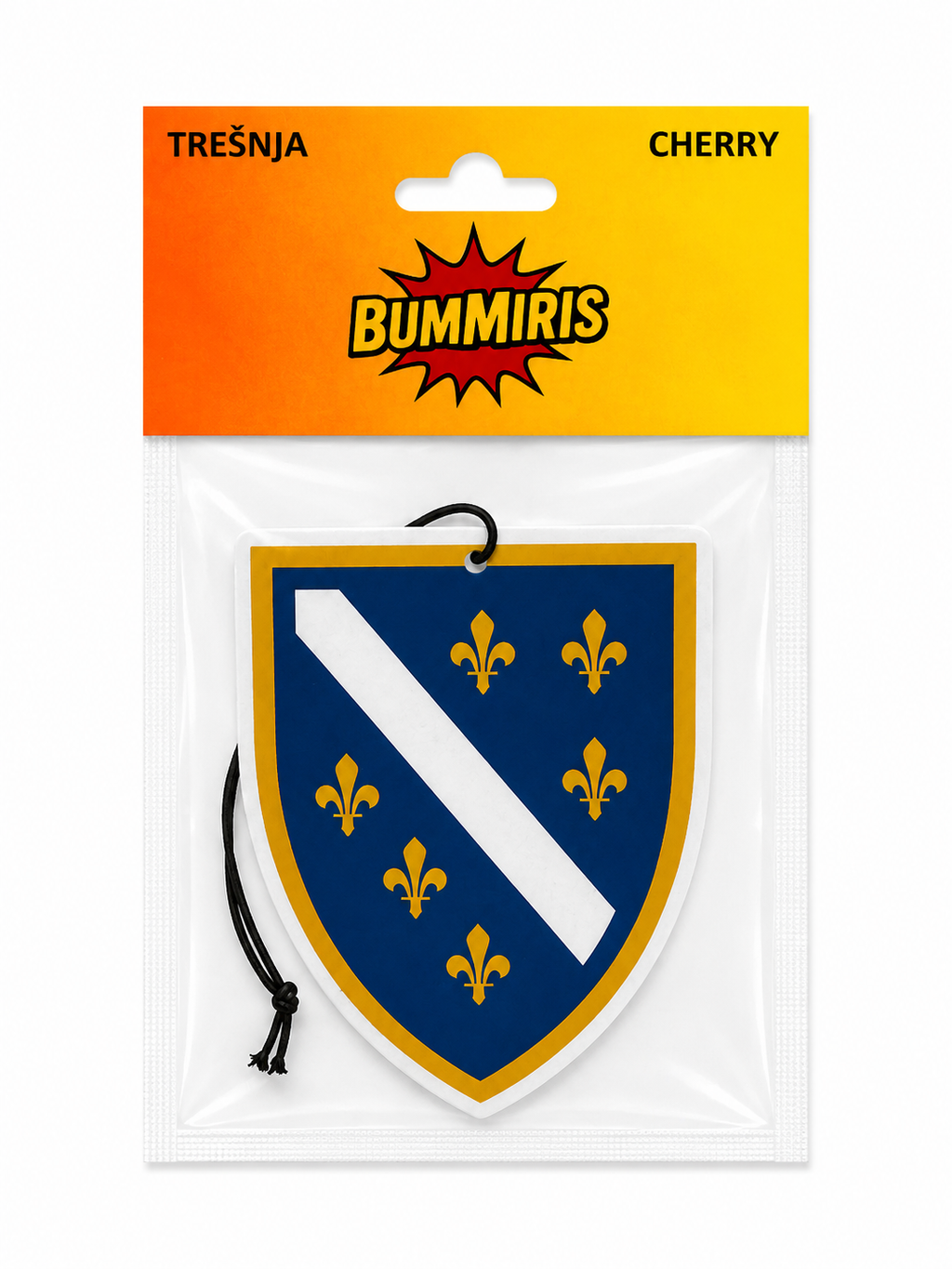 Bummiris cherry air freshener hanging ornament in its retail packaging, featuring a shield design with a blue field, white diagonal stripe, gold fleur-de-lis, and a black hanging cord.