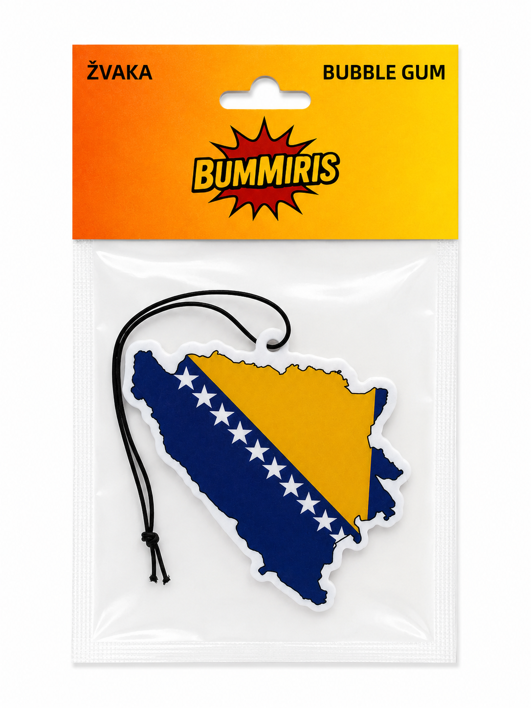 Bummiris Zvaka Bubble Gum air freshener in Bosnia and Herzegovina flag-shaped packaging, featuring a yellow and orange header card with the Bummiris logo and a clear plastic bag containing the product.