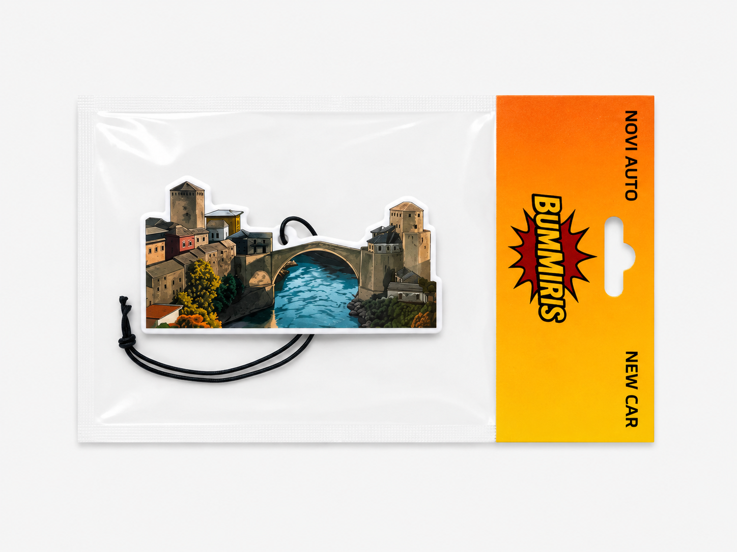 A packaged car air freshener or charm with a printed scenic bridge and river design, attached to a black cord, shown on a white background with an orange-to-yellow retail card reading 'BumMiris' and 'New Car'.
