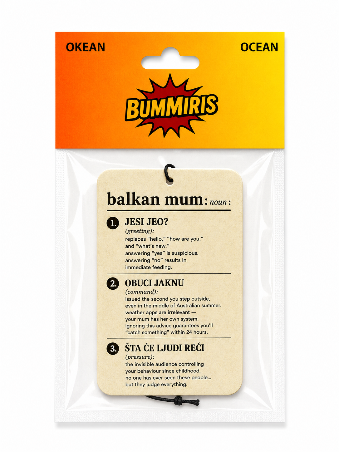 Bummiris Balkan Mum language learning card set in a clear plastic bag with a bright yellow and orange header card.