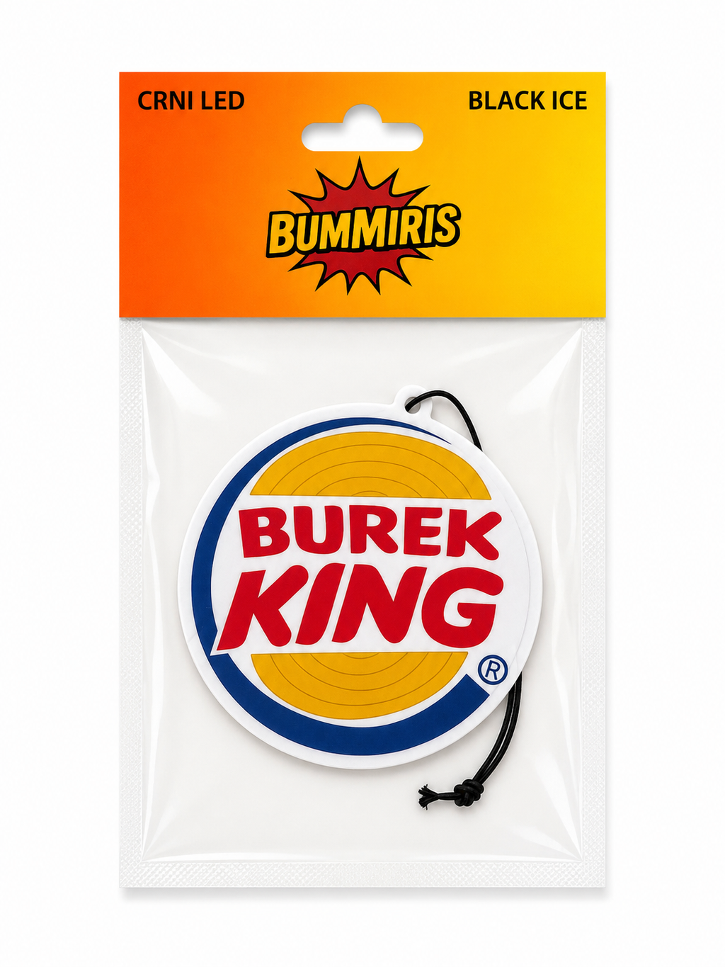 Bummiris brand air freshener disc featuring the Burek King logo, packaged in a clear plastic bag with a bright orange-to-yellow gradient header card.