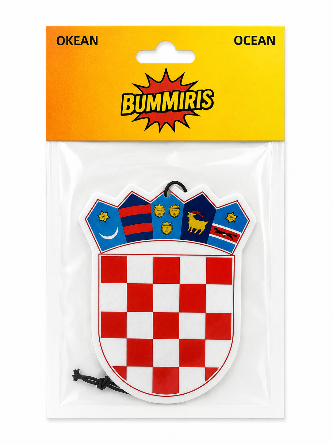 Ocean brand Croatia-themed air freshener in a clear plastic hanging bag with a yellow-to-orange header card. The product is a shield-shaped ornament featuring the Croatian coat of arms in red and white checkers with blue, red, yellow, and white flag sections above.
