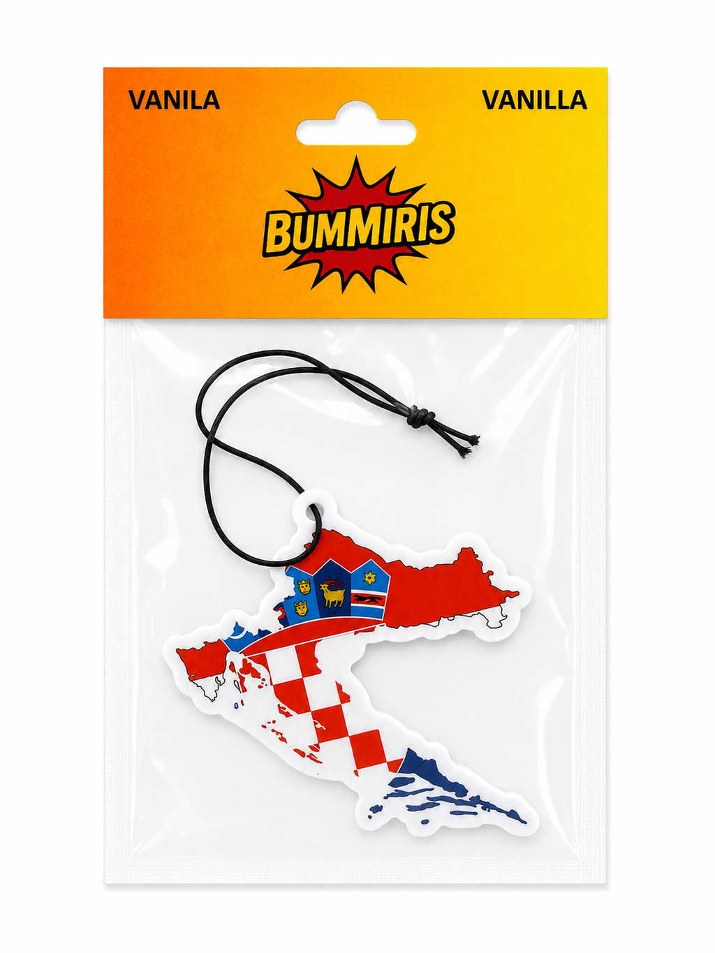 Bummiris Vanilla air freshener charm shaped like the map of Croatia, featuring a red, white, and blue checkered and flag pattern, packaged in a clear plastic bag with a yellow and orange header card.