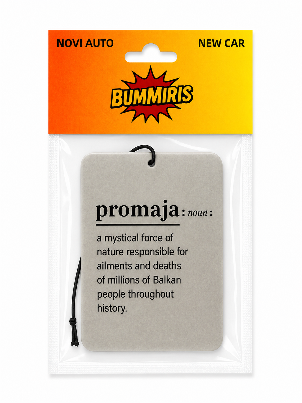 Bummiris Novi Auto car air freshener in its original retail packaging. The product is a rectangular gray tag with a black hanging string, featuring a dictionary-style definition of the word 'promaja'.