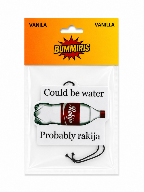 Bummiris Vanilla air freshener car fragrance in a clear plastic hanging bag with a yellow-to-orange branded header card. The product is a bottle-shaped charm with the text 'Could be water' and 'Probably rakija' on a white background.
