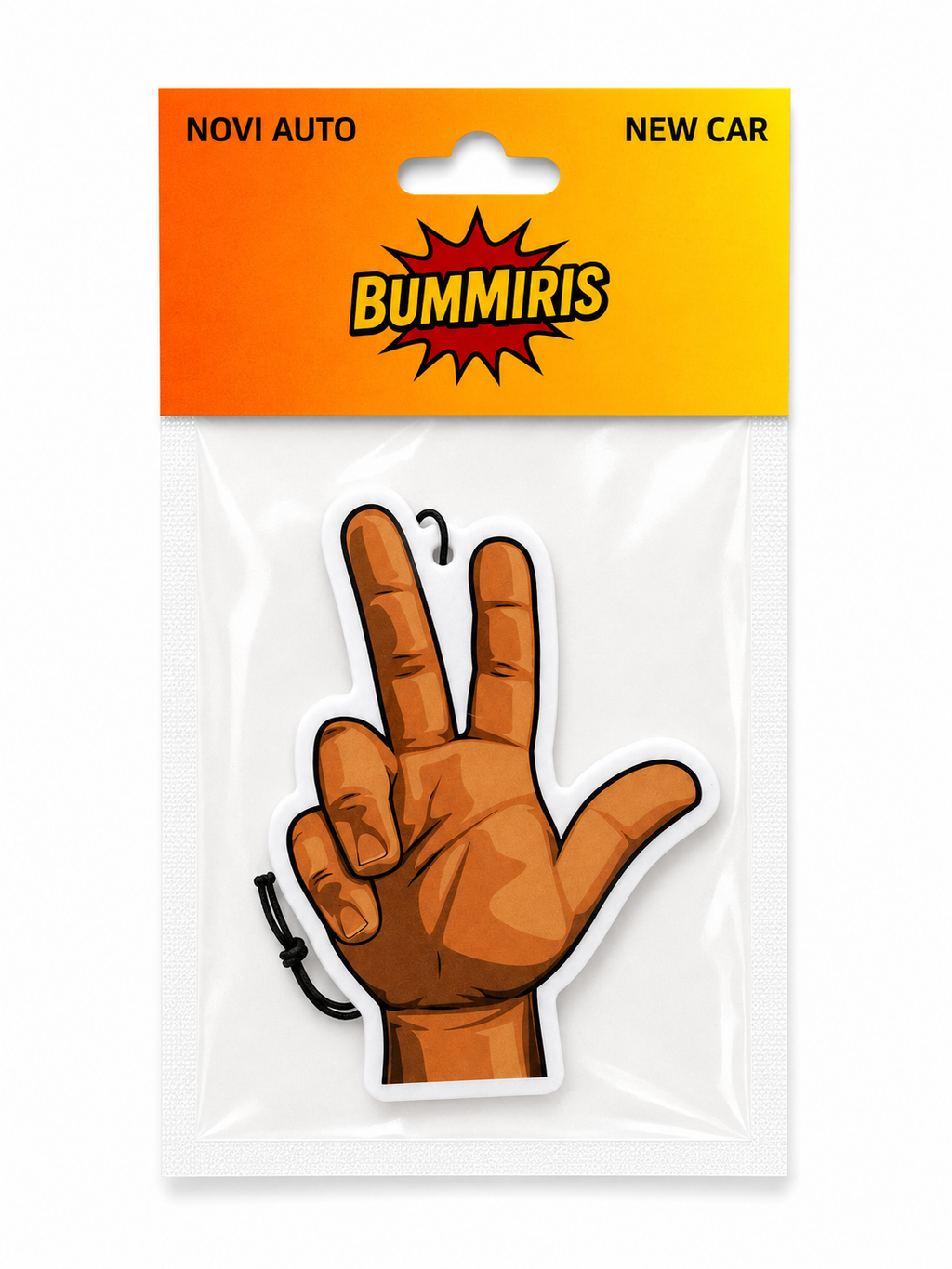 A hand-shaped car air freshener or sticker featuring a brown hand making a peace sign, packaged in a clear plastic bag with a bright orange-to-yellow header card that reads 'NOVI AUTO', 'NEW CAR', and 'BUMMIRIS'.