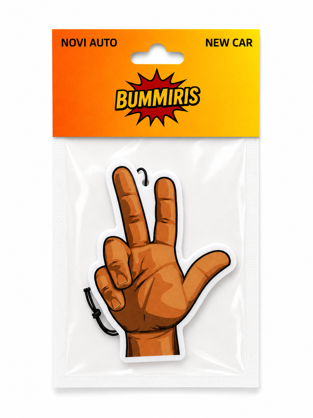 A hand-shaped car air freshener or sticker featuring a brown hand making a peace sign, packaged in a clear plastic bag with a bright orange-to-yellow header card that reads 'NOVI AUTO', 'NEW CAR', and 'BUMMIRIS'.