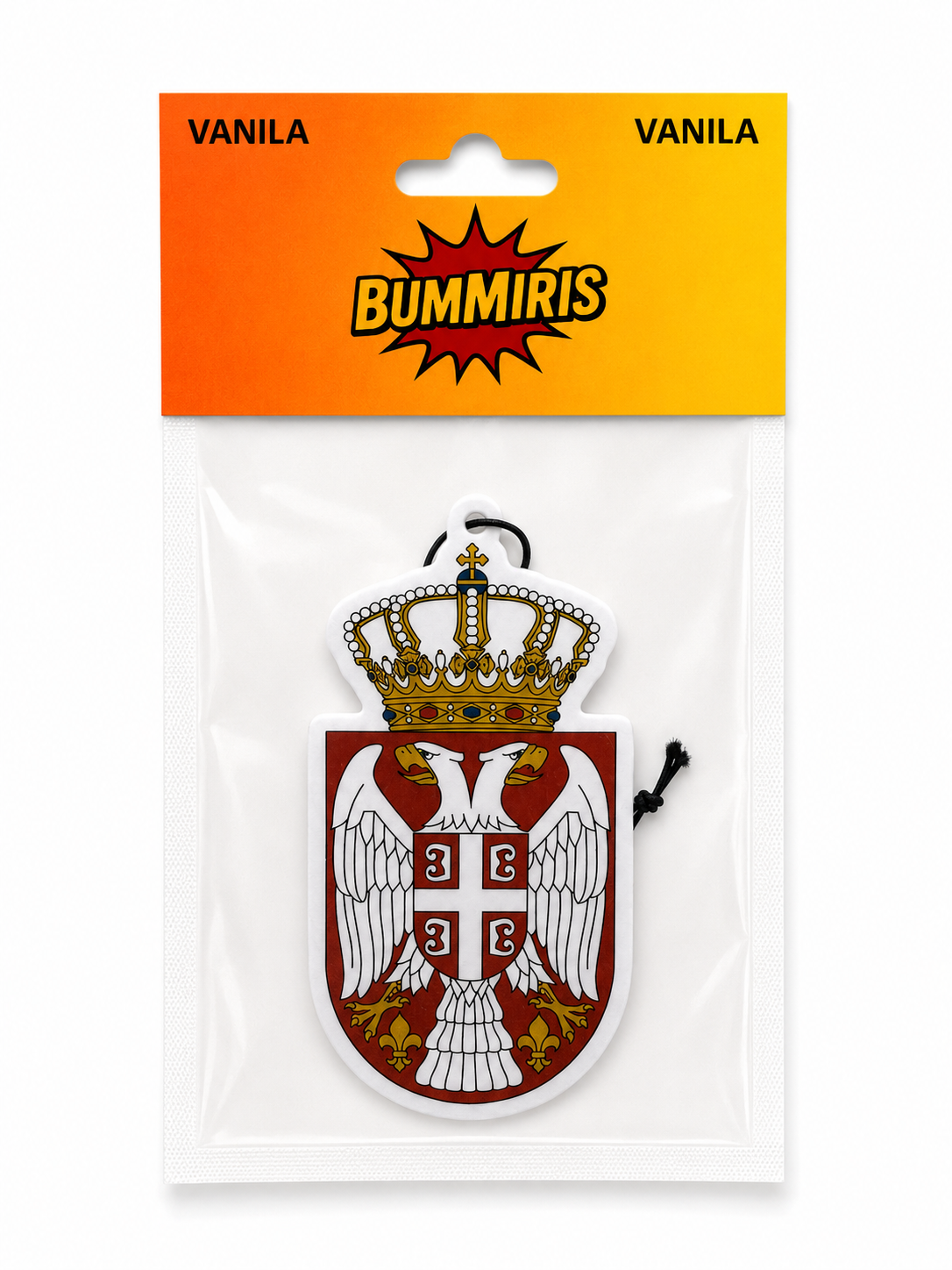 Bummris Vanila air freshener packet featuring a Serbian coat of arms design with a double-headed eagle and crown, in its original packaging with a bright orange and yellow header card.
