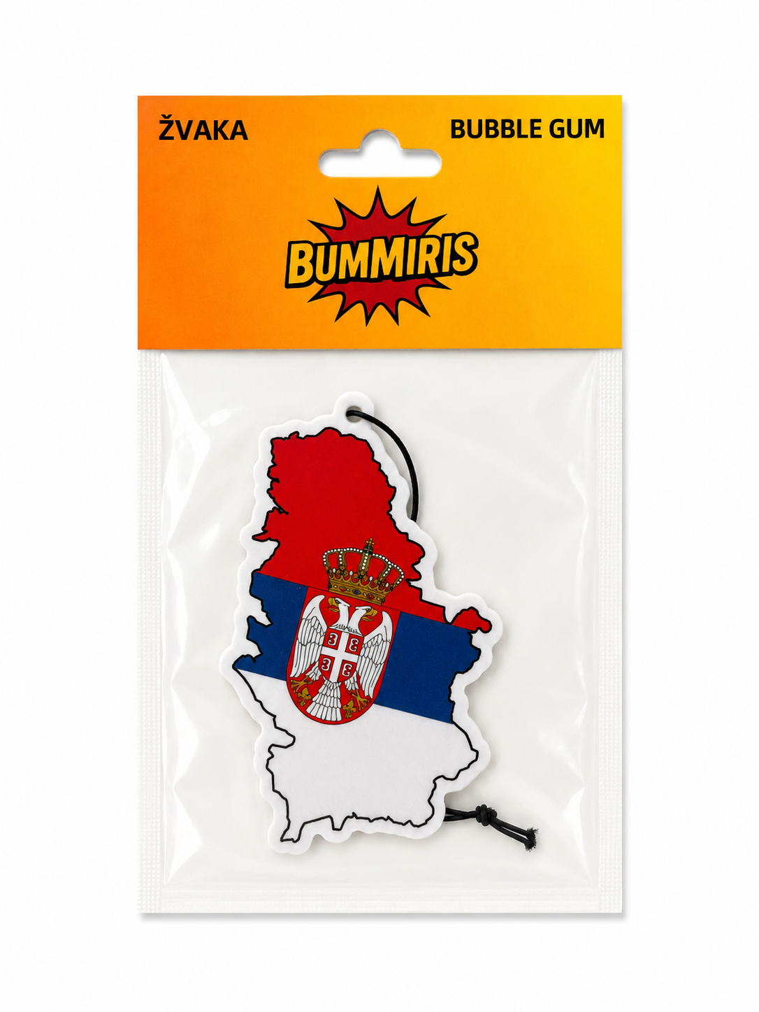 A packaged air freshener shaped like the map of Serbia, featuring the Serbian flag colors and coat of arms, hanging from a black string. The product is in a clear plastic bag with a bright orange and yellow header card labeled 'ZVAKA', 'BUBBLE GUM', and 'BUMMIRIS'.