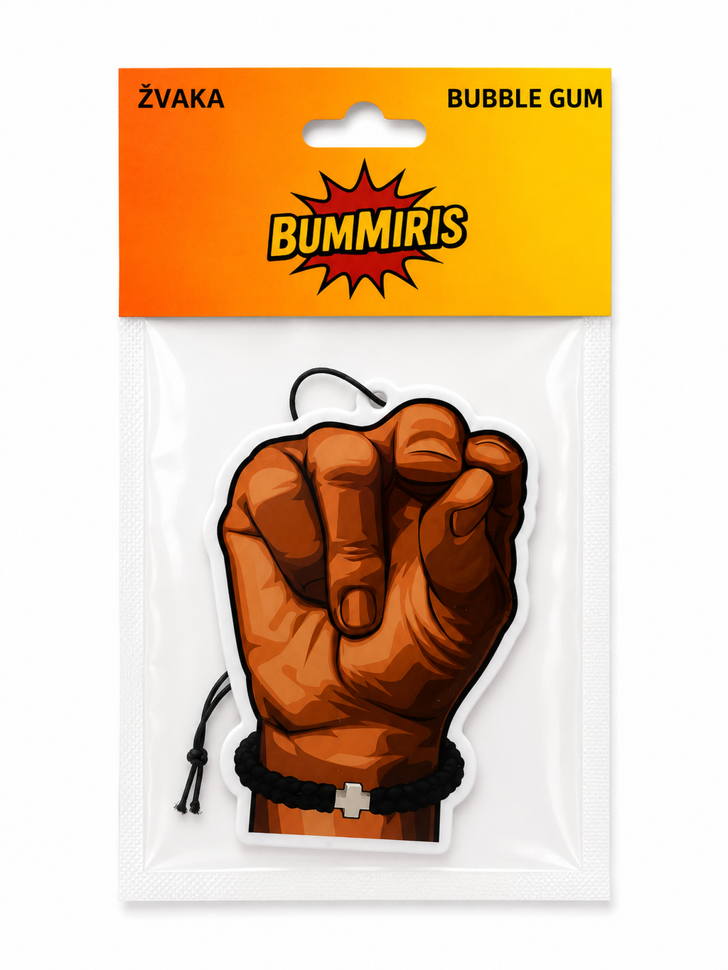 Bummiris Bubble Gum air freshener in a clear plastic hanging pouch with a bright orange and yellow header card. The product is a die-cut sticker shaped like a raised brown fist wearing a black cord bracelet with a silver cross.