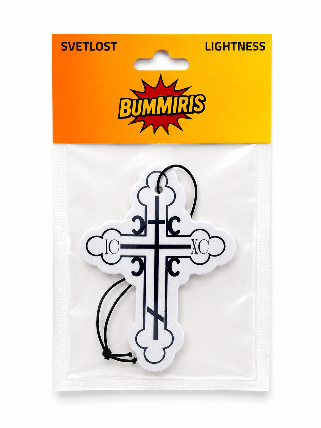 Bummiris Svetlost Lightness cross-shaped air freshener in its original packaging, featuring a white cross with black ornamental details and a black hanging cord, on a yellow and orange gradient card.