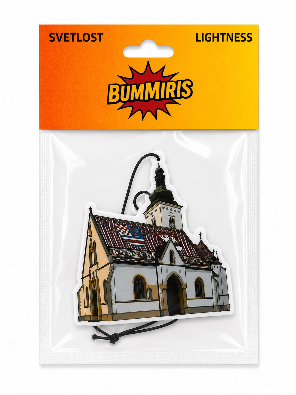 A packaged die-cut sticker or charm featuring an illustrated church building, hanging from a black cord. The item is sealed in a clear plastic bag with a bright orange-to-yellow header card that reads 'SVETLOST', 'LIGHTNESS', and 'BUMMIRIS'.