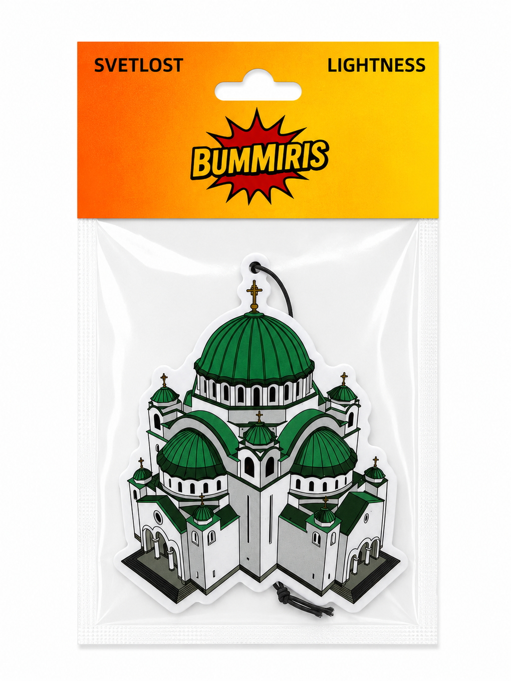Bummiris Svetlost Lightness air freshener in a clear plastic hanging pouch with a bright yellow and orange header card. The product is a die-cut illustration of a white cathedral with green domes.