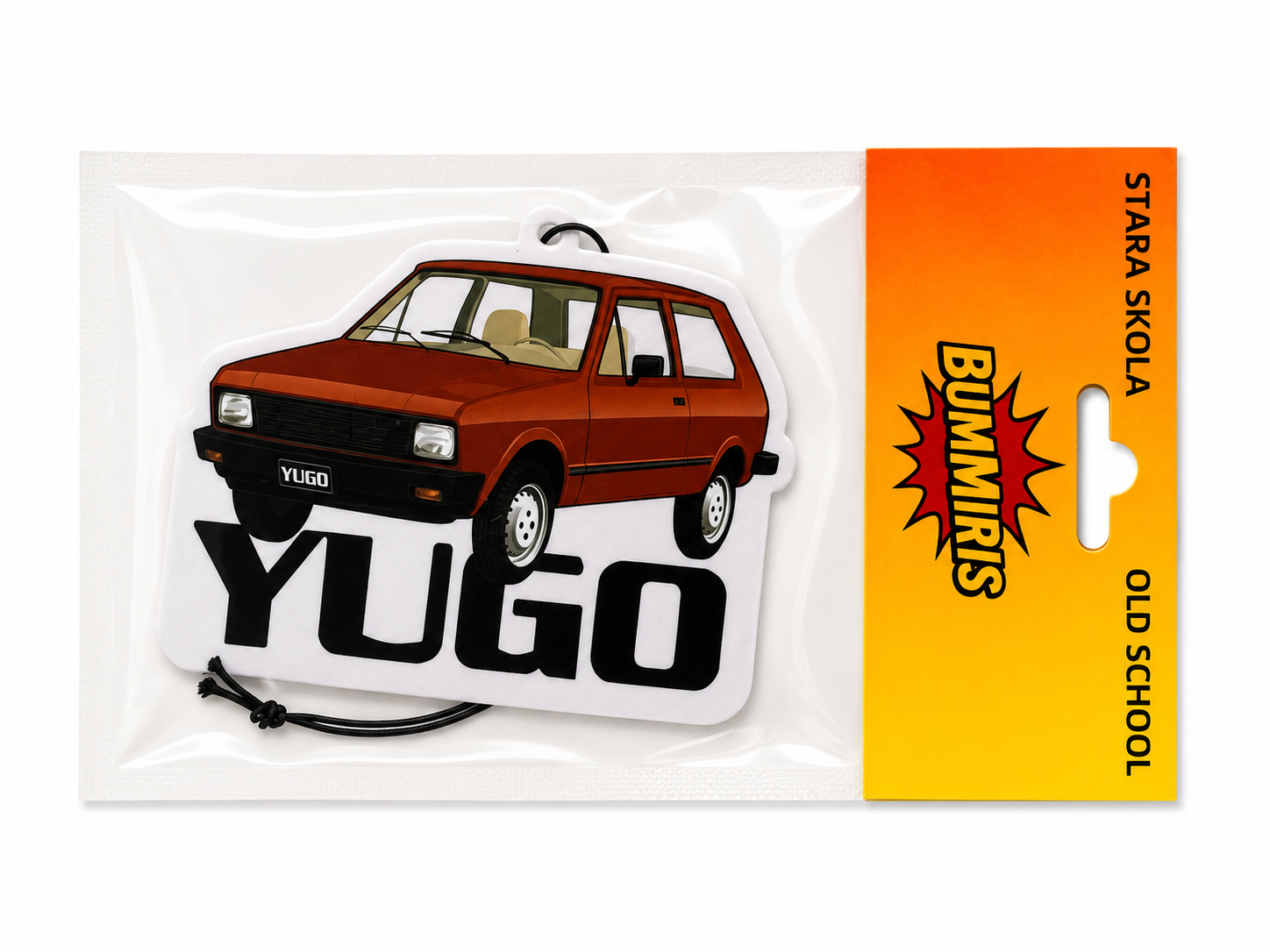 A packaged novelty car-shaped air freshener or charm featuring a red vintage hatchback with the word 'YUGO' in large black letters. The item is sealed in a clear plastic bag with a bright orange-to-yellow hanging card on the right side that reads 'BOMMIRS' and 'OLD SCHOOL'.