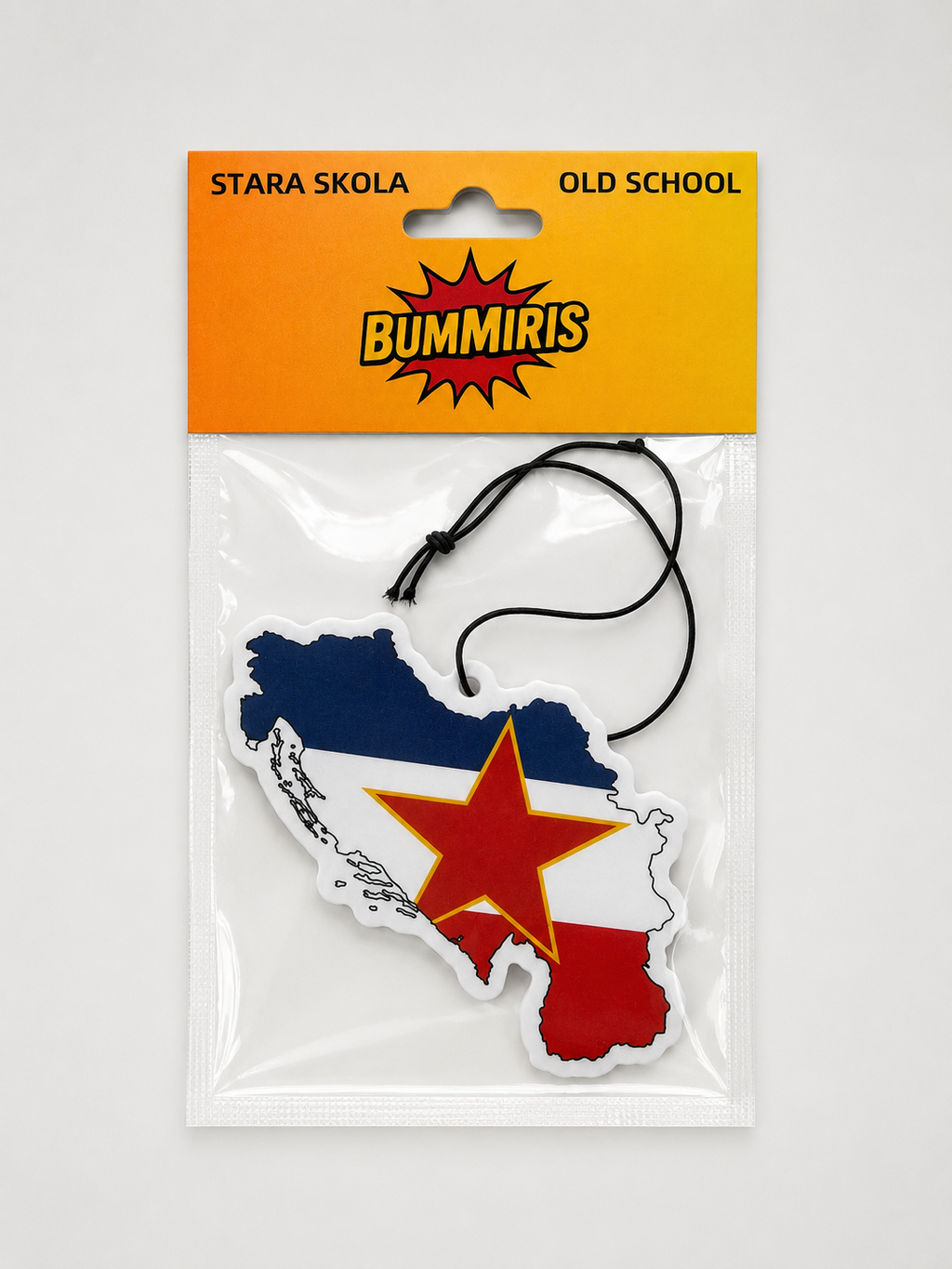 Bummiris 'Old School' car air freshener shaped like the map of Yugoslavia, featuring the red, white, and blue flag with a red star, in its original packaging.